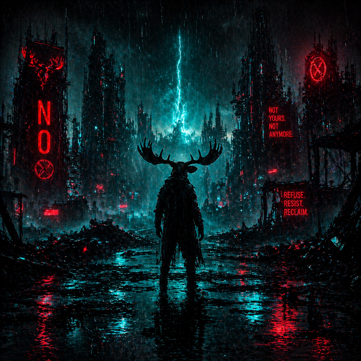 DROSS II album art — moose-headed wanderer in ruined neon city